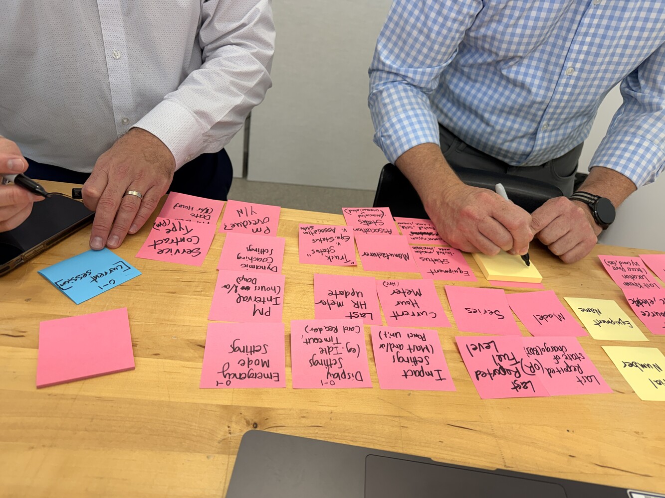 Two workshop participants write and organize colorful sticky notes on a table during an attribute-foraging exercise, capturing details such as equipment status, model, services, meter updates, and other object attributes.