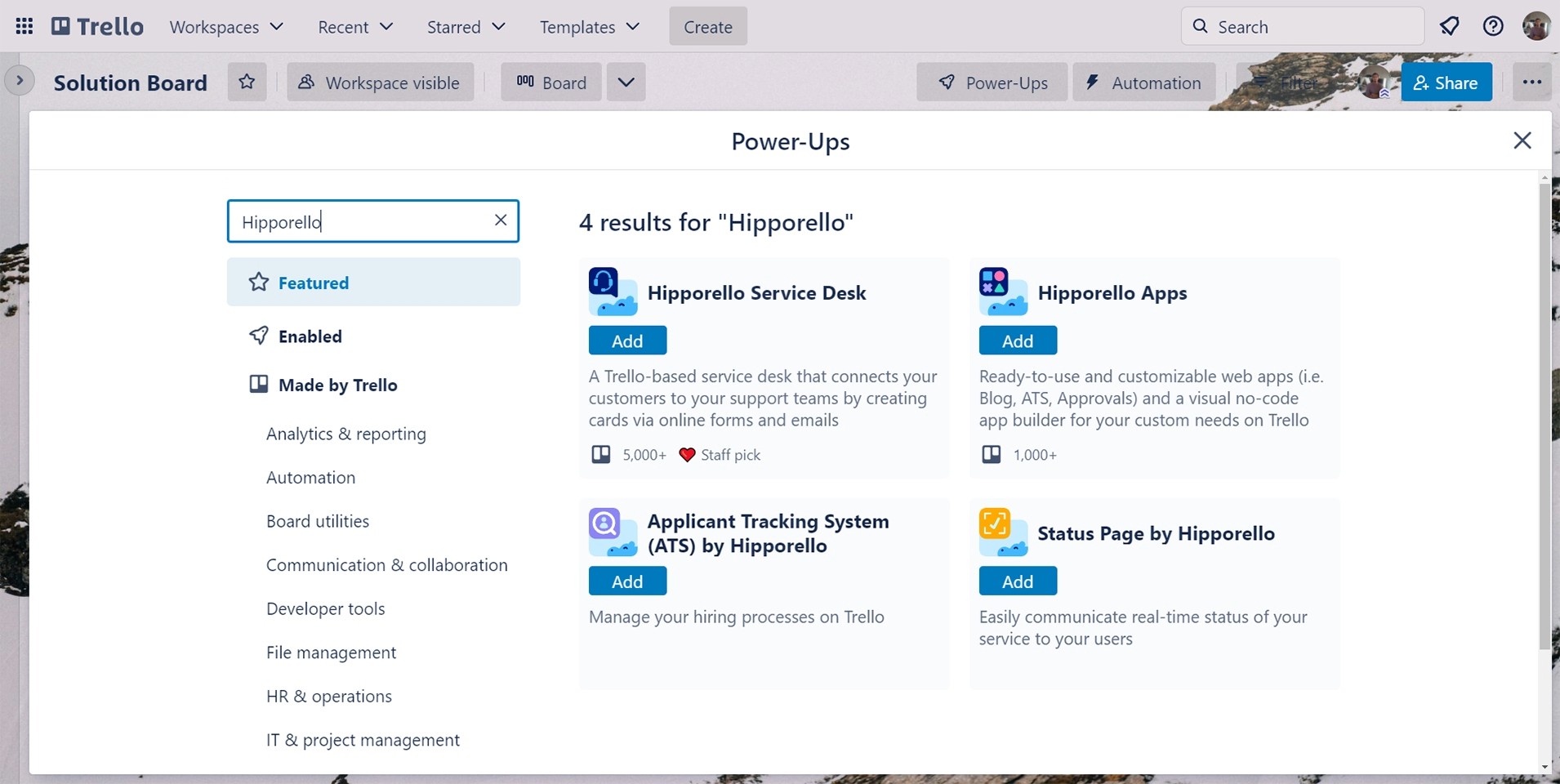 Trello power-ups page featured hipporello