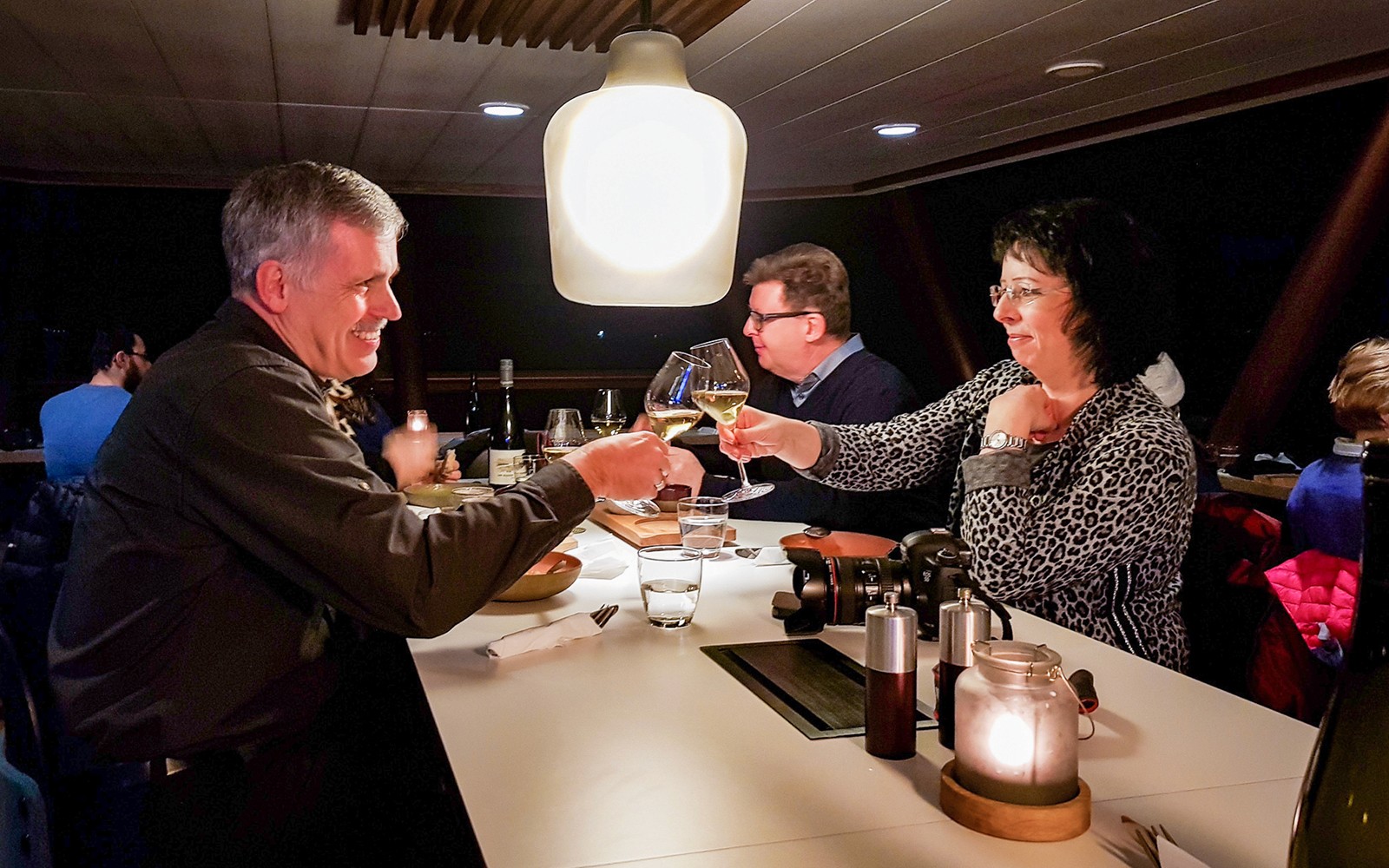 Guests toasting with wine glasses on an Aurora Boreal dinner cruise.