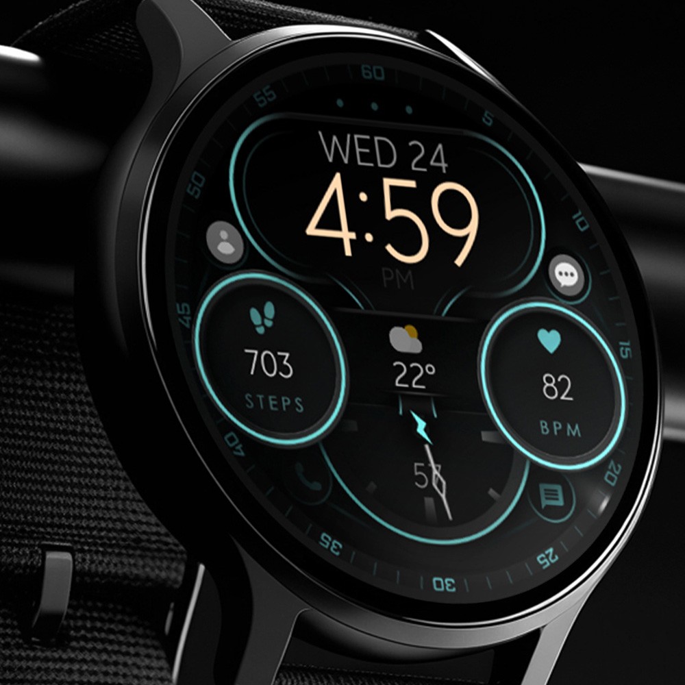 Wear OS smartwatch displaying a digital watch face