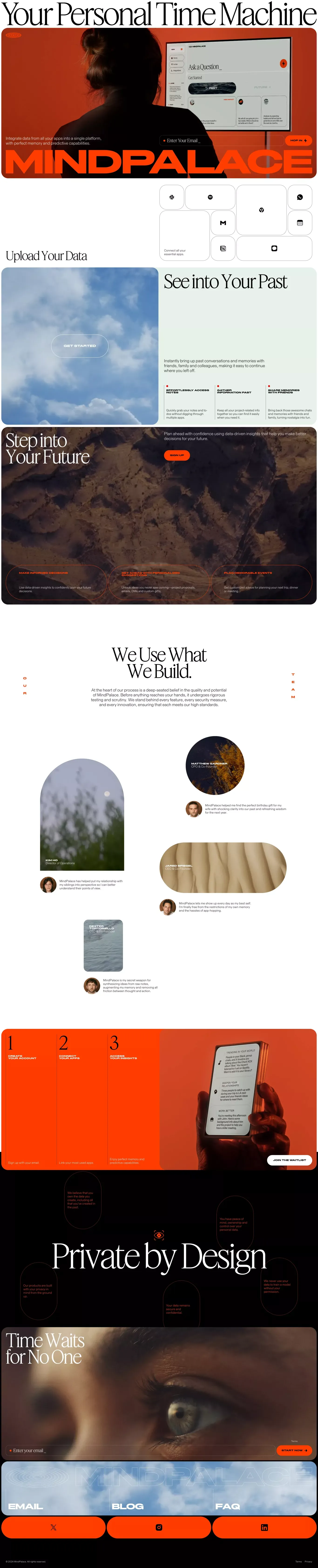 MindPalace - Your Personal Time Machine landing page screenshot showcasing Tech design