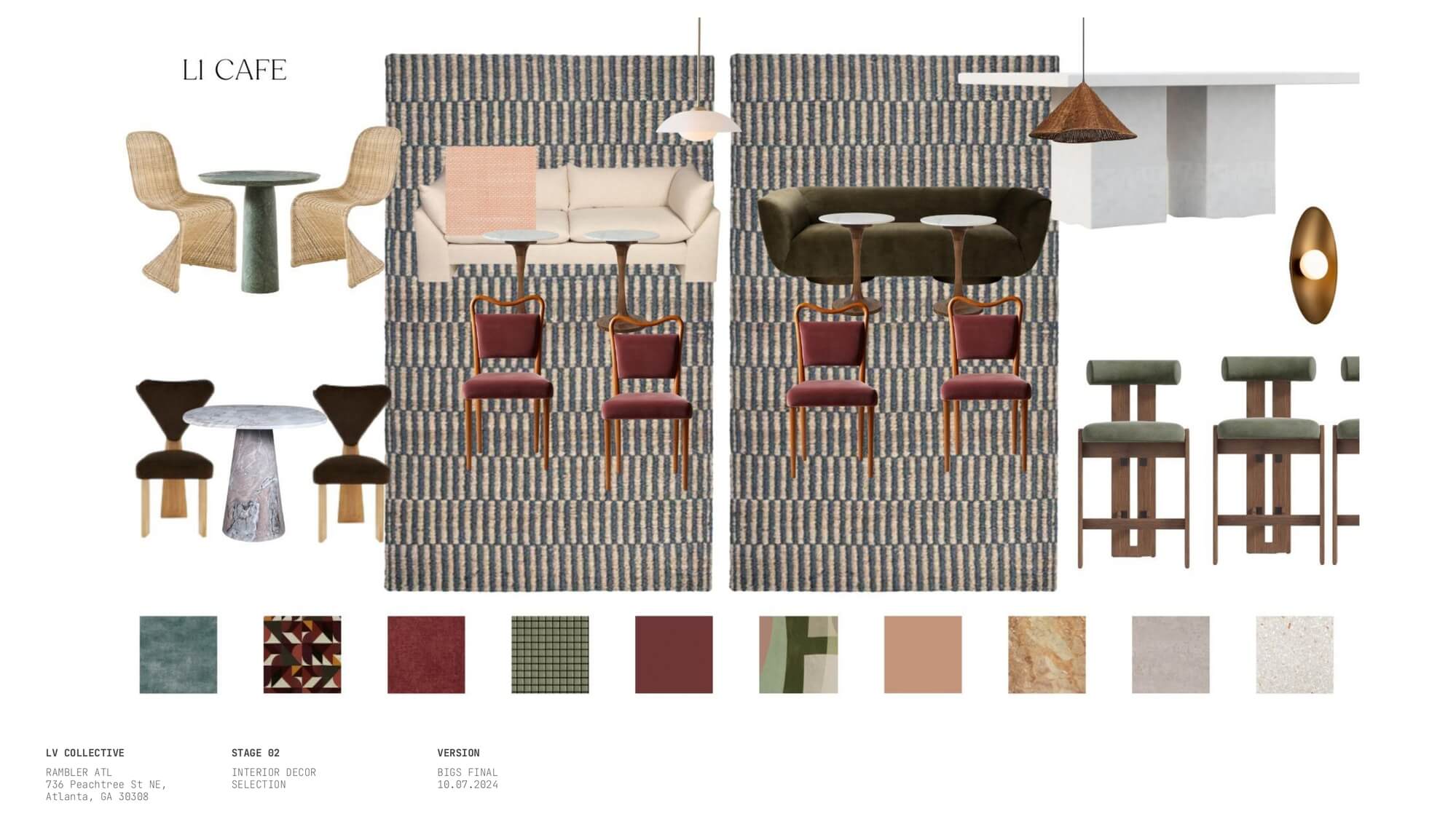 Architectural mood board presentation by LV Collective for Rambler ATL showcasing cafe furniture selections, seating layouts, light fixtures, and fabric color palettes.