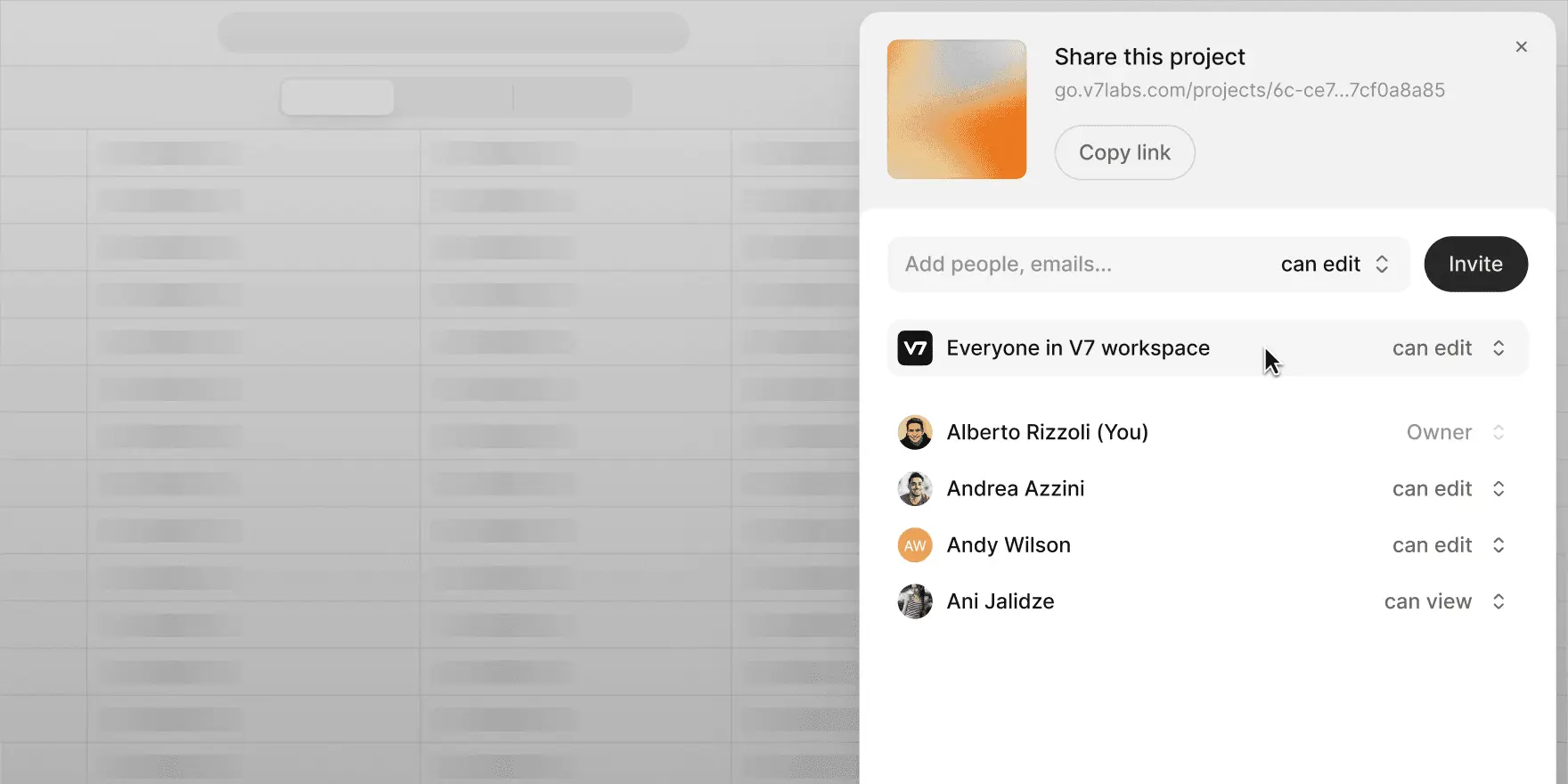 Project sharing modal with user list and roles