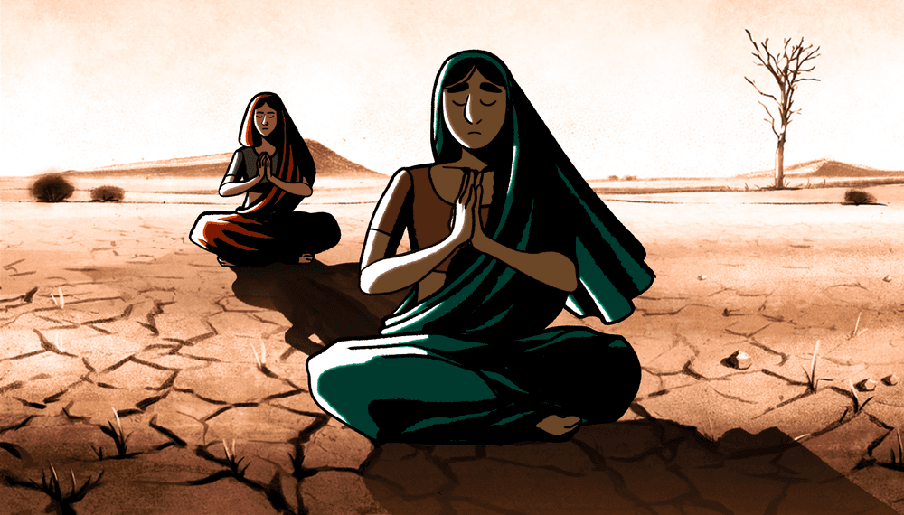 illustration of women playing, sat down on cracked earth, with a dead tree in the back