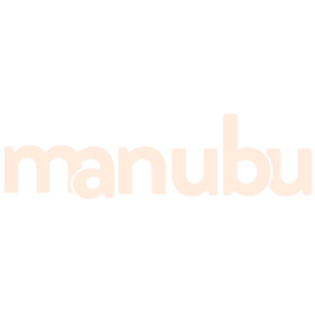 Logo design featuring the word "manubu" in a modern, minimalist style. Background is a solid color.