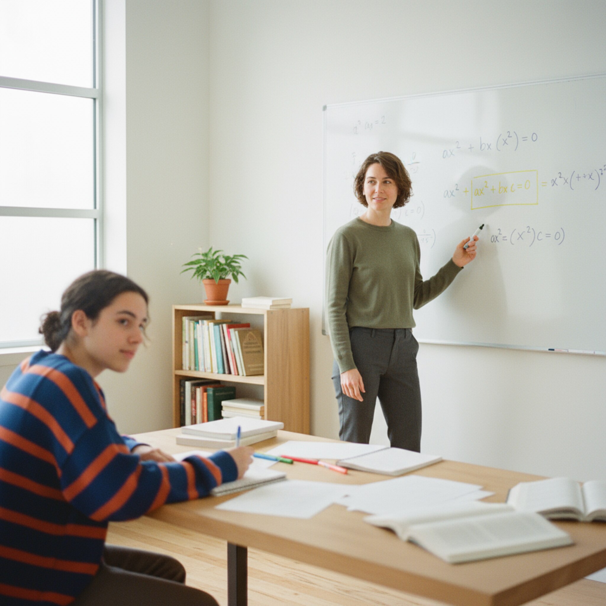 Ein heller Lernraum mit einem großen Whiteboard, auf dem Formeln stehen. Ein Tutor zeigt mit einem Marker auf eine Gleichung, während eine Schülerin konzentriert mitschreibt. Auf dem Tisch liegen Hefte und Stifte. Im Hintergrund steht ein Bücherregal. Die Atmosphäre wirkt ruhig und fokussiert.