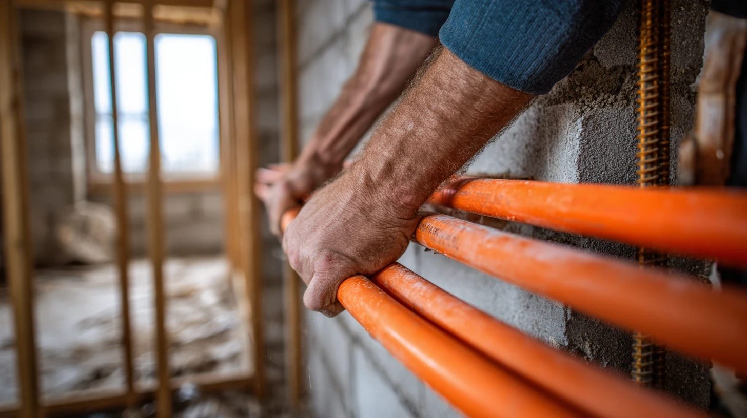 Électricien posant des gaines électriques dans les murs d'une maison en construction neuve dans le Tarn — MODELEC, électricien à Gaillac