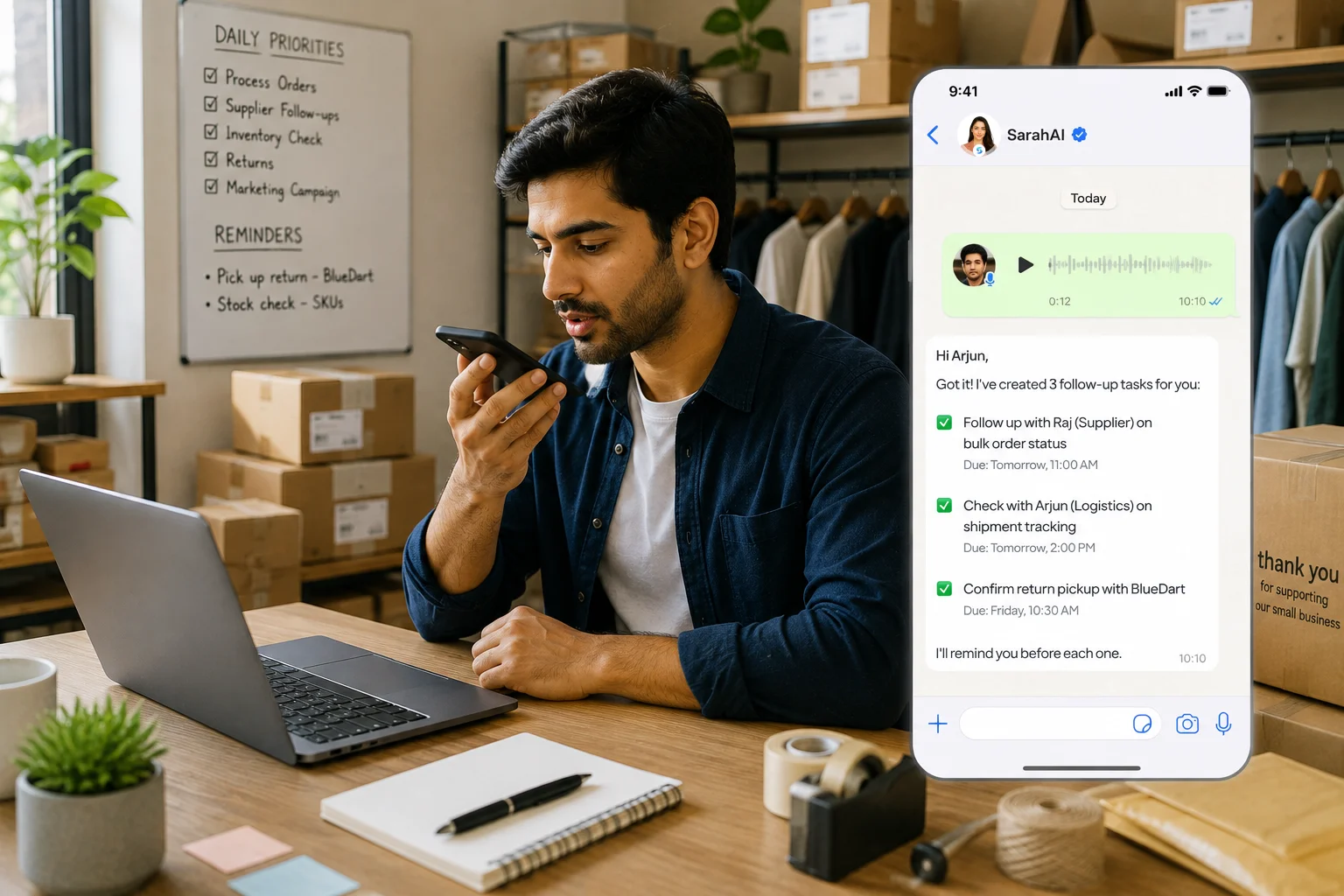 Indian D2C founder creating supplier follow-up tasks from a WhatsApp voice note with SarahAI
