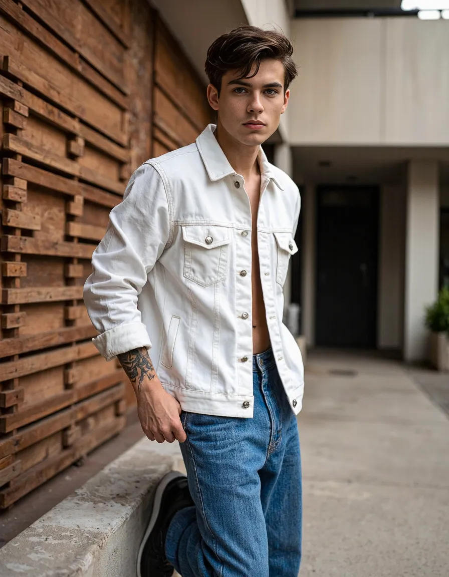 Fashion portrait featuring white denim jacket with blue jeans against wooden wall backdrop, showcasing editorial styling and texture contrast