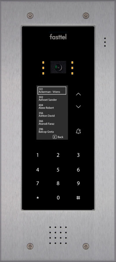 Black smart home device with screen showing time and temp