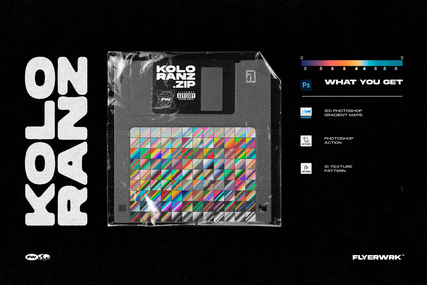 Retro floppy disk mockup displaying the product contents including grd atn and pat file formats