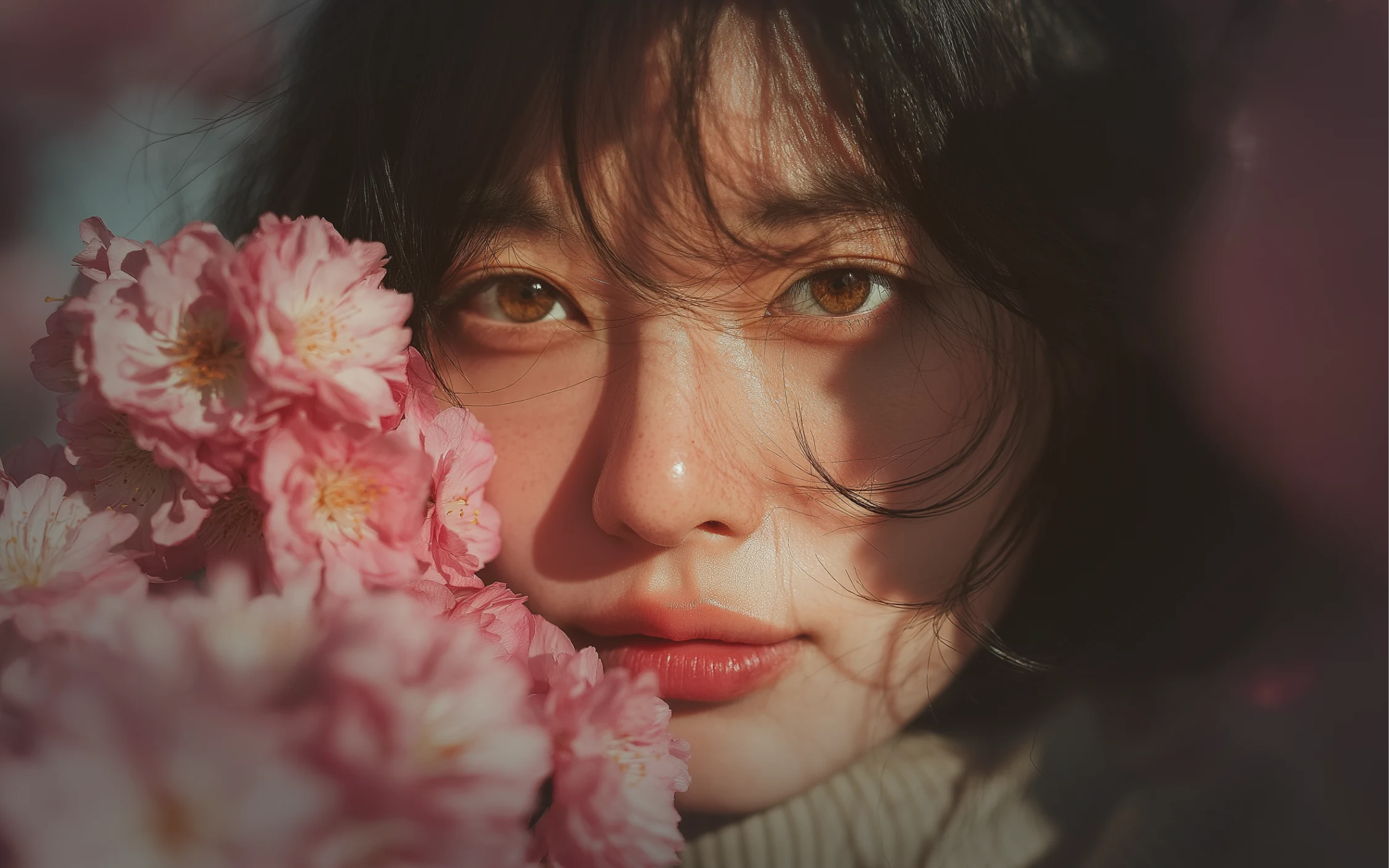 Close up portrait of a woman with pink flowers