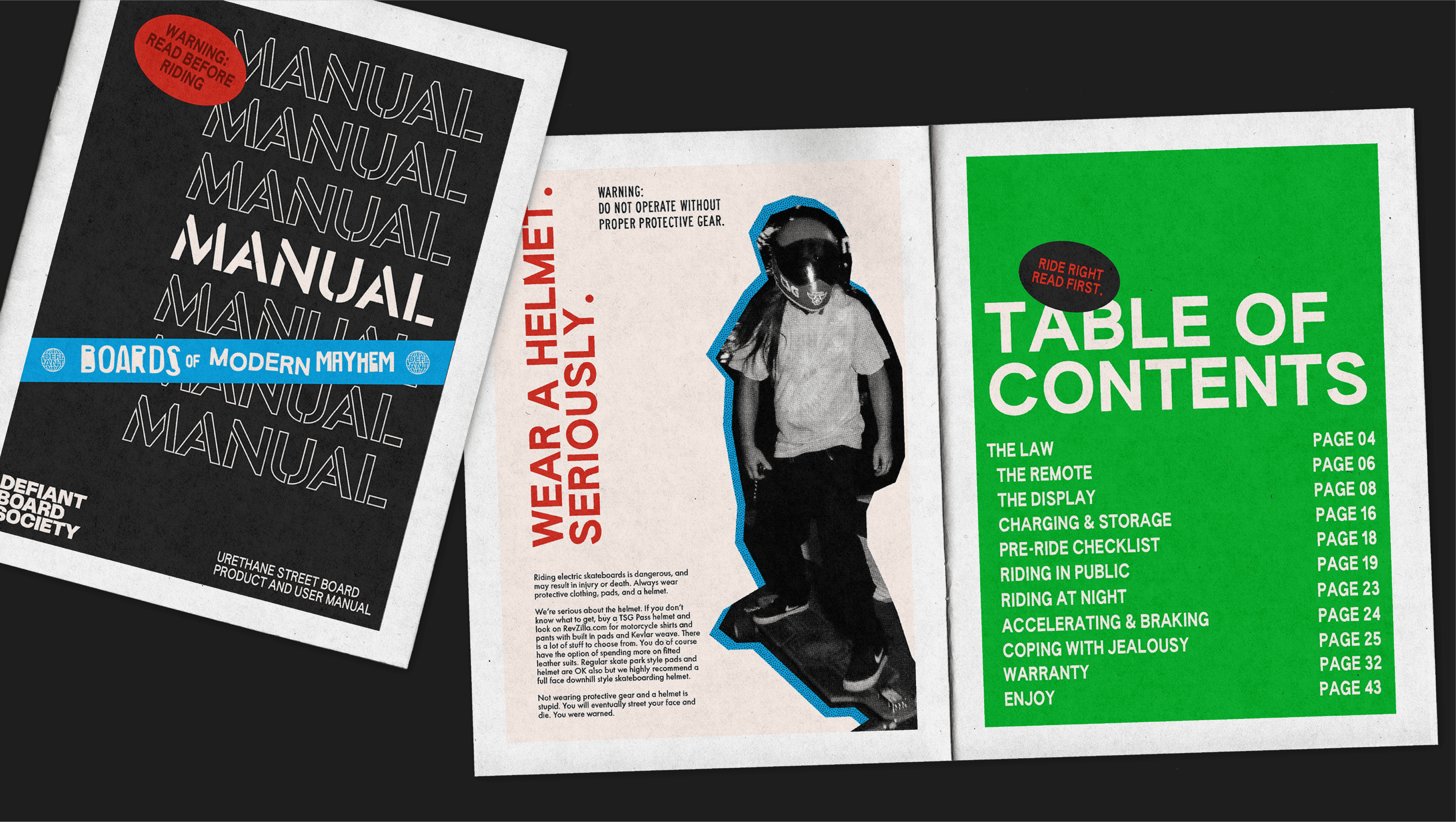 Skateboard user manual layout with bold typography, safety warning page, and table of contents