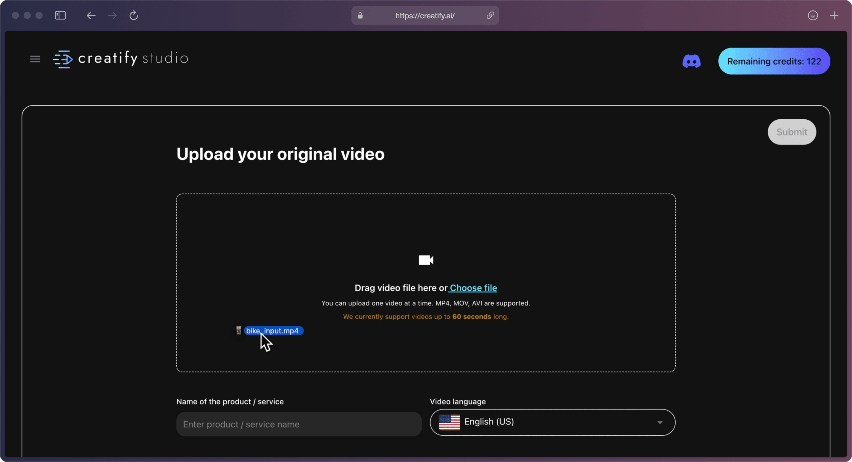 A screenshot of Creatify AI app with the detailed information of “Upload your original video” with mouse dragging a video named “bike_input”