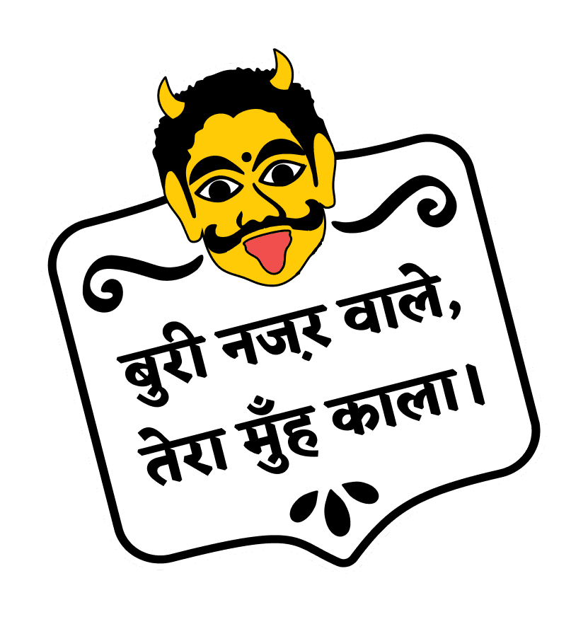 A graphic of a traditional "Nazar Battu" face above Hindi text that warns against the evil eye.