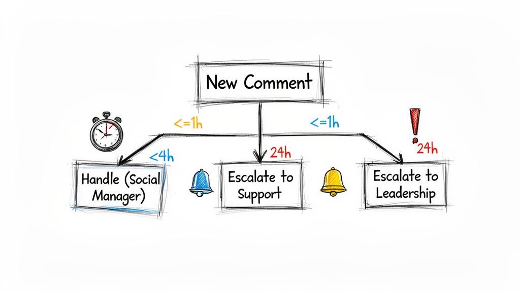 Flowchart illustrating a new comment handling and escalation process with time limits.