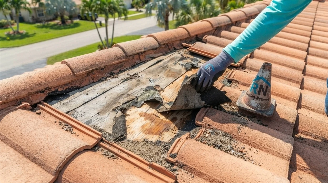 Failed felt underlayment exposed beneath salvaged barrel tile on a Davie roof