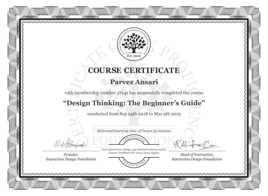 Parvez Ansari’s Course Certificate: Design Thinking: The Beginner’s Guide