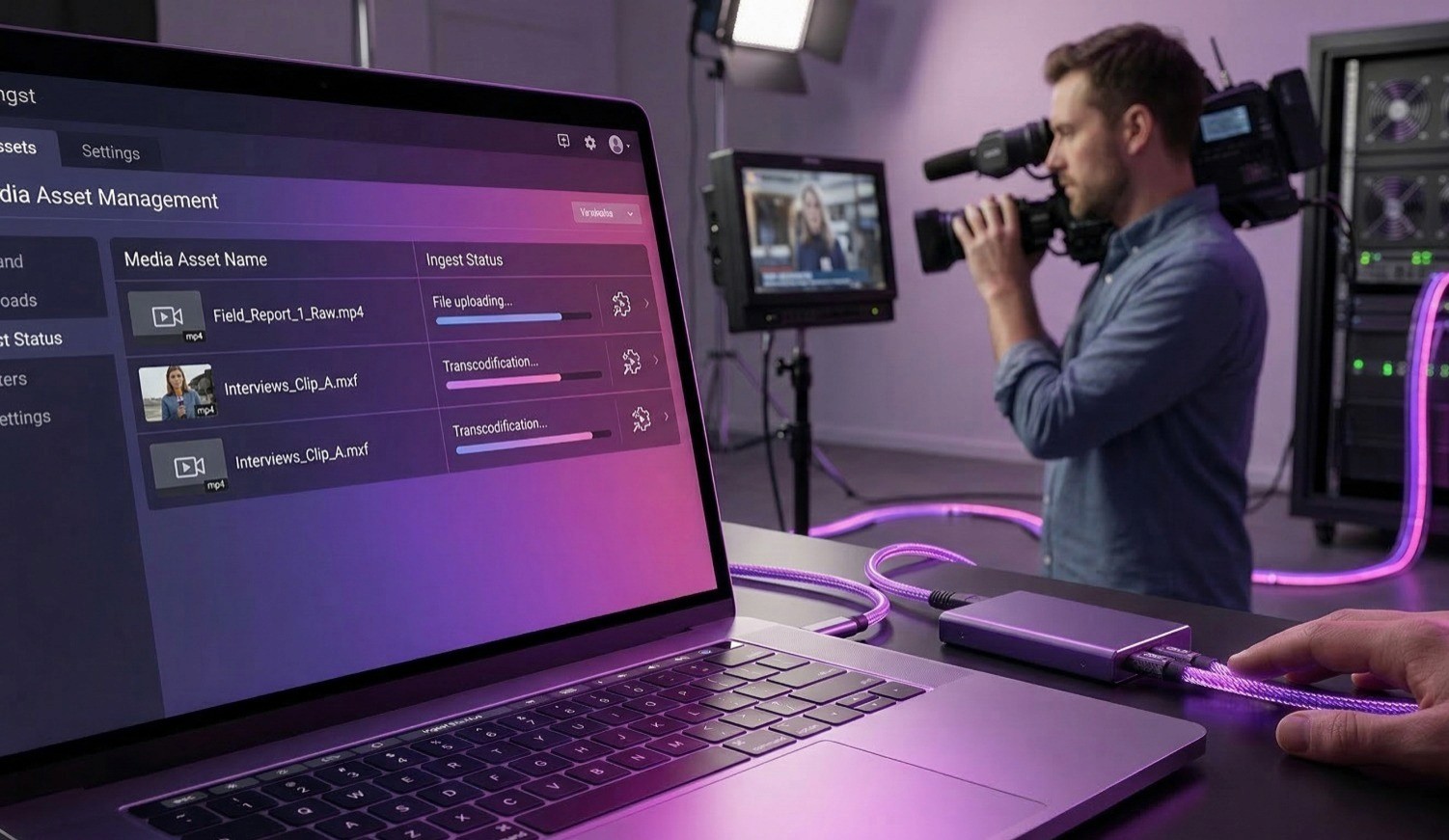 Image of a lapotop with some archives and a guy filming.