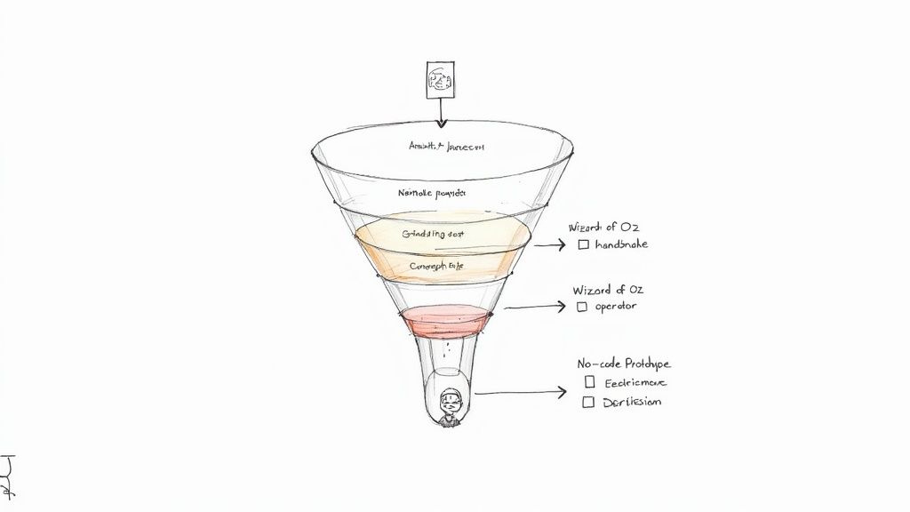 A hand-drawn funnel diagram illustrating the product market fit validation process with various stages and methods.