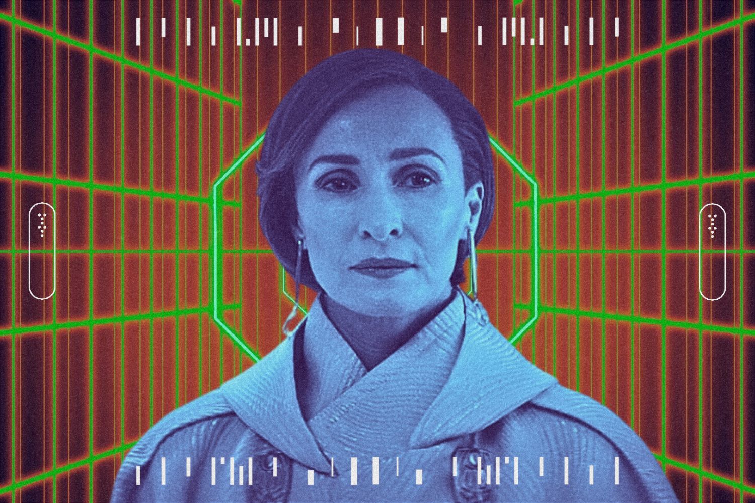 Mon Mothma in a white robe looking serenly ahead in front of a red, orange, and green geometric background