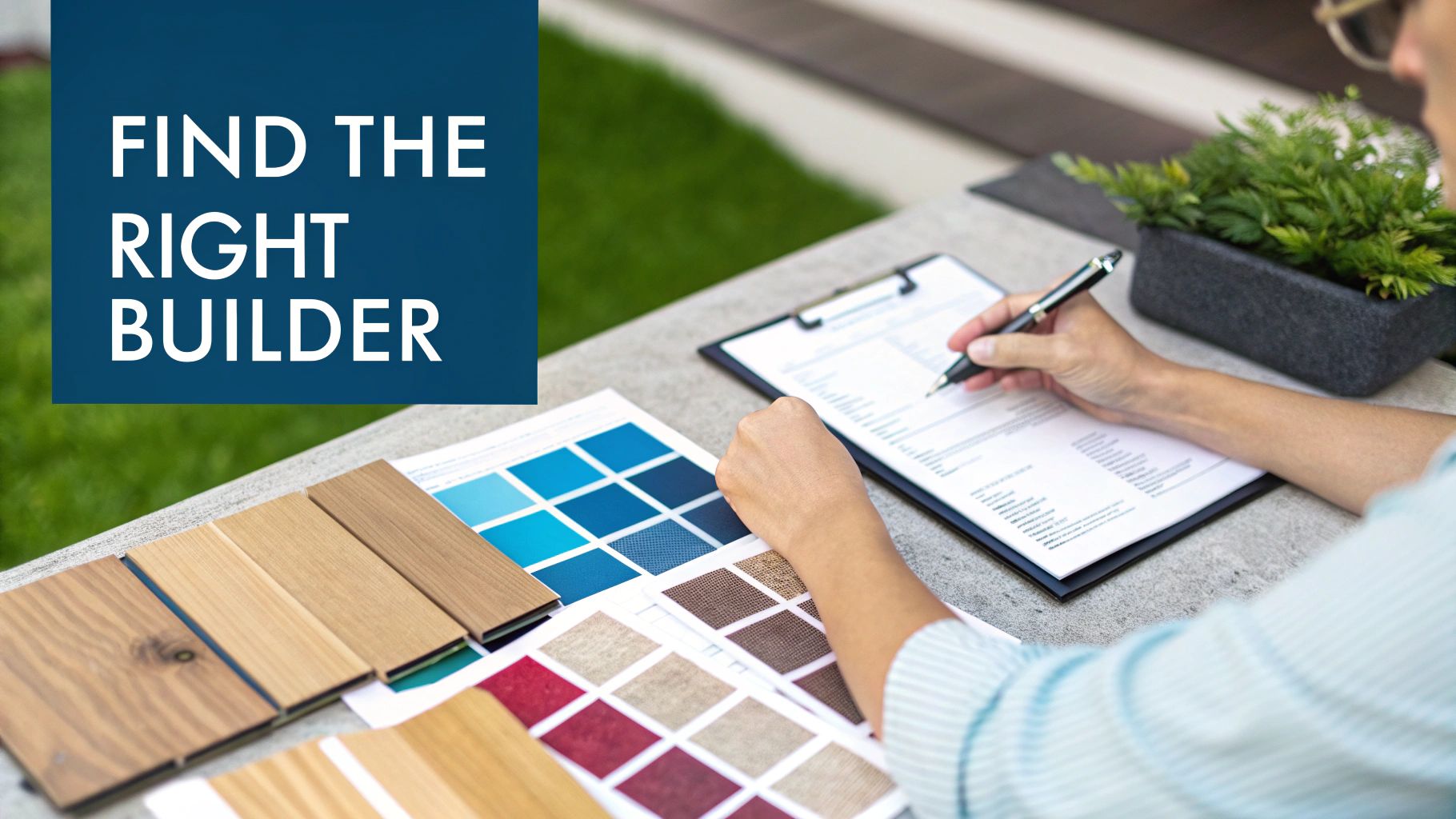 A person's hands reviewing construction plans, material samples, and color swatches with text 'FIND THE RIGHT BUILDER'.
