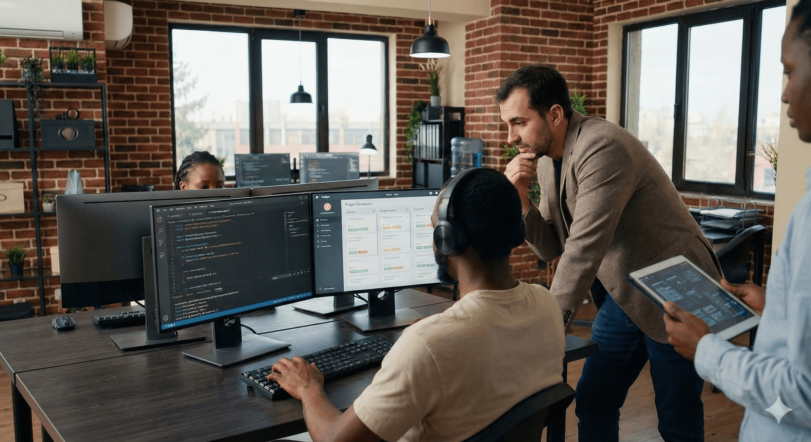 Un espacio de oficina moderno y colaborativo presenta a un equipo de profesionales involucrados en el desarrollo de software. Una persona está codificando en dos monitores, mientras otra analiza datos en una tableta, representando el tema de "GPT-5.3-Codex: Codificación Agentic a Largo Plazo para Equipos de Desarrollo."