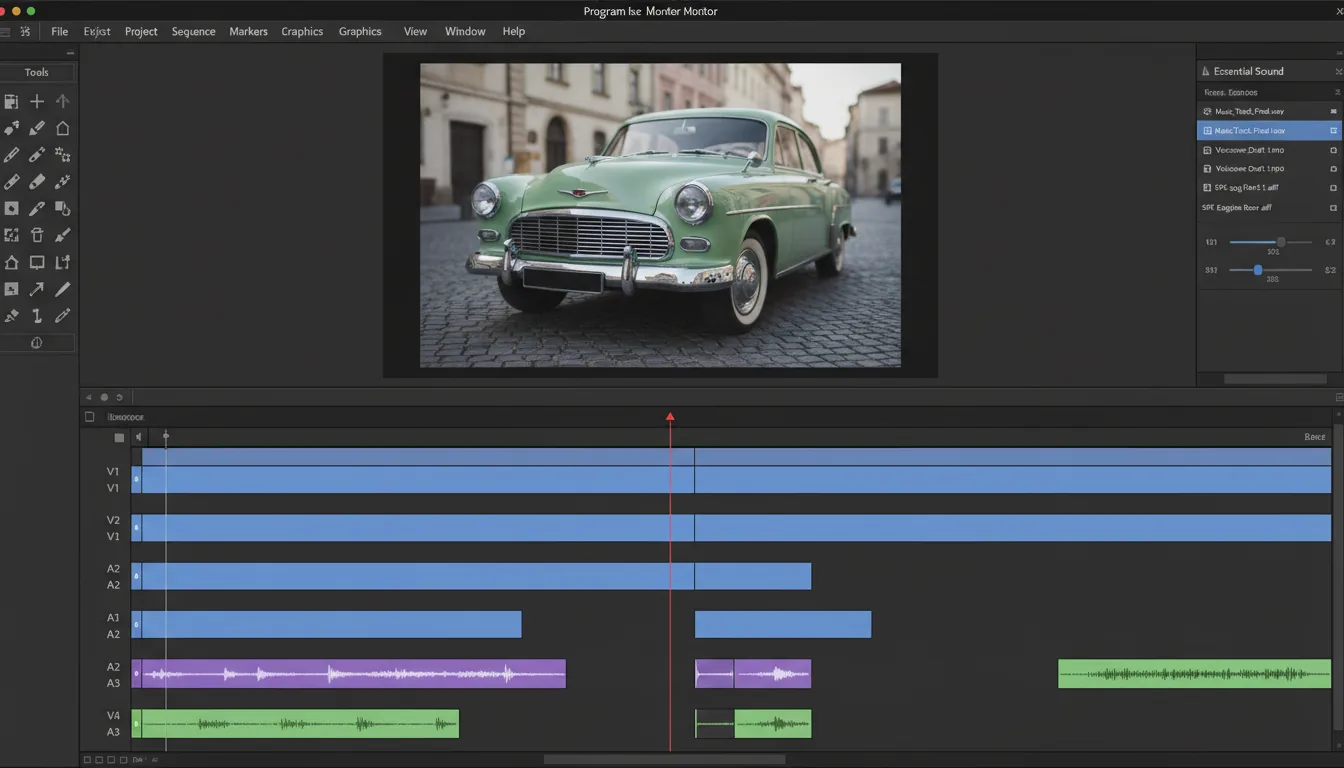 A screenshot of the Adobe Premiere Pro video editing software interface, presented in a Modern Dark Mode style. The layout features multiple panels: a central timeline with various video and audio tracks populated with blue, purple, and green placeholder clips and audio waveforms; a top program monitor displaying a video preview of a vintage, light-green classic car with chrome bumpers; a vertical toolbar on the left with editing icons; and a right-hand "Essential Sound" panel showing a list of audio files with abstracted text lines. The UI has clean lines with muted blue and purple accent colors.