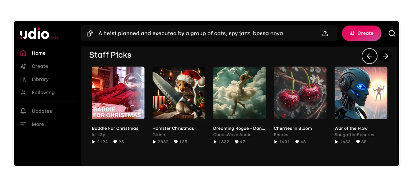 Udio's interface displaying AI-generated music with album art, song titles, and playback options