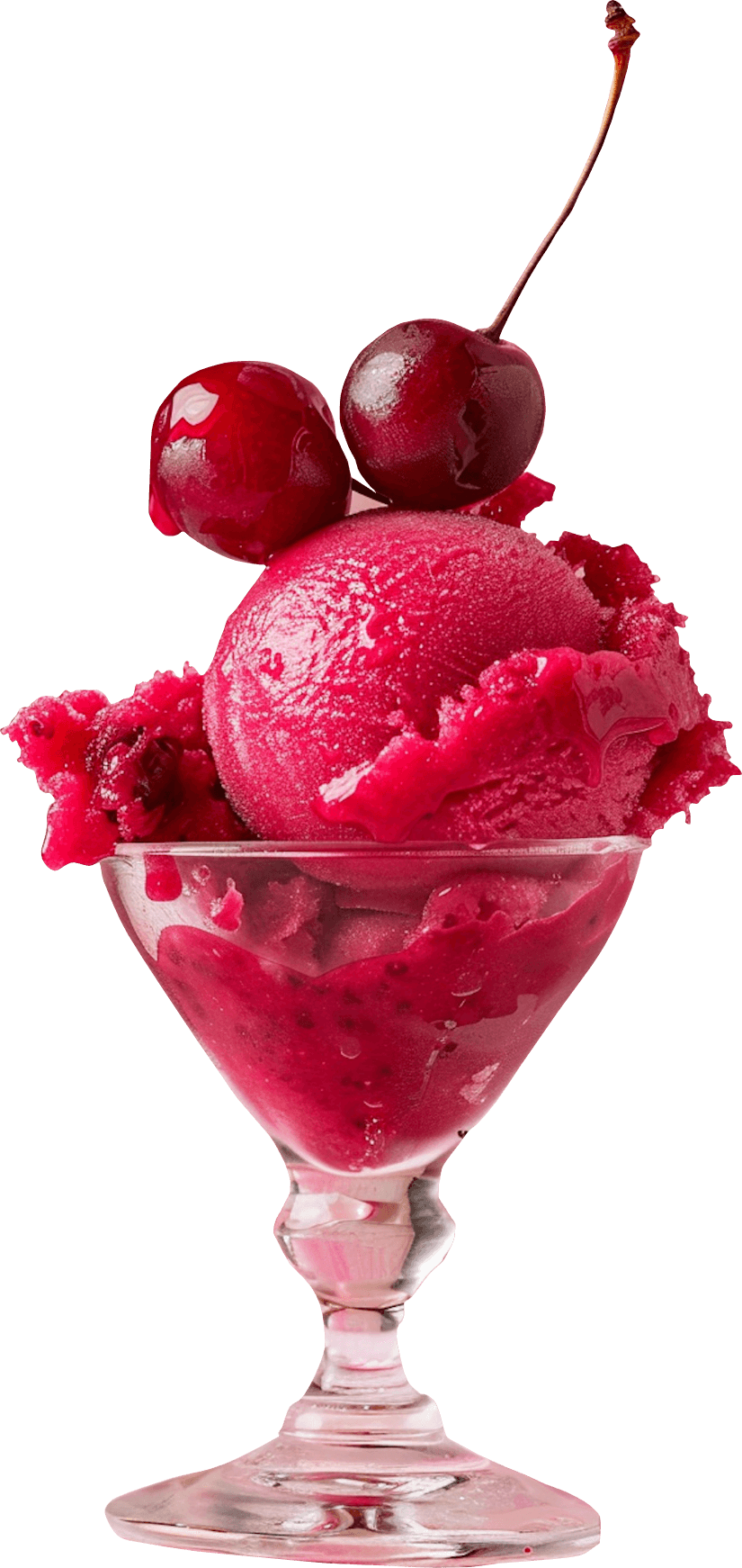 Red sorbet in a dessert cup with two cherries on top.