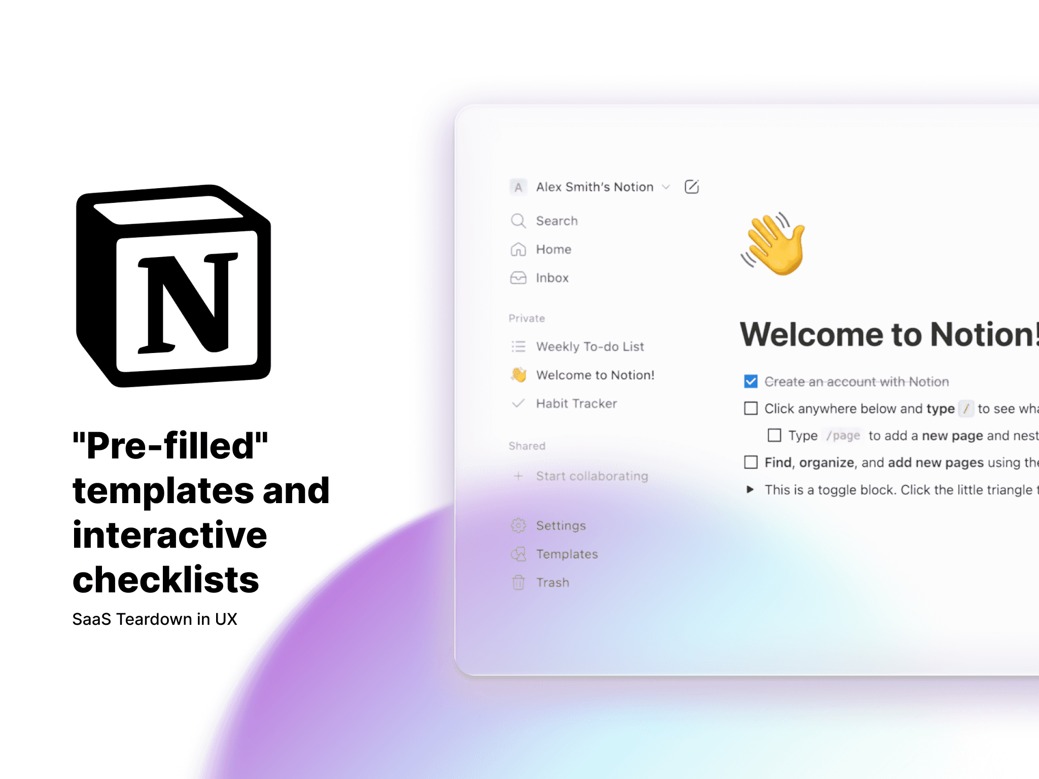 Notion onboarding screen displaying pre-filled templates and interactive checklists for new users
