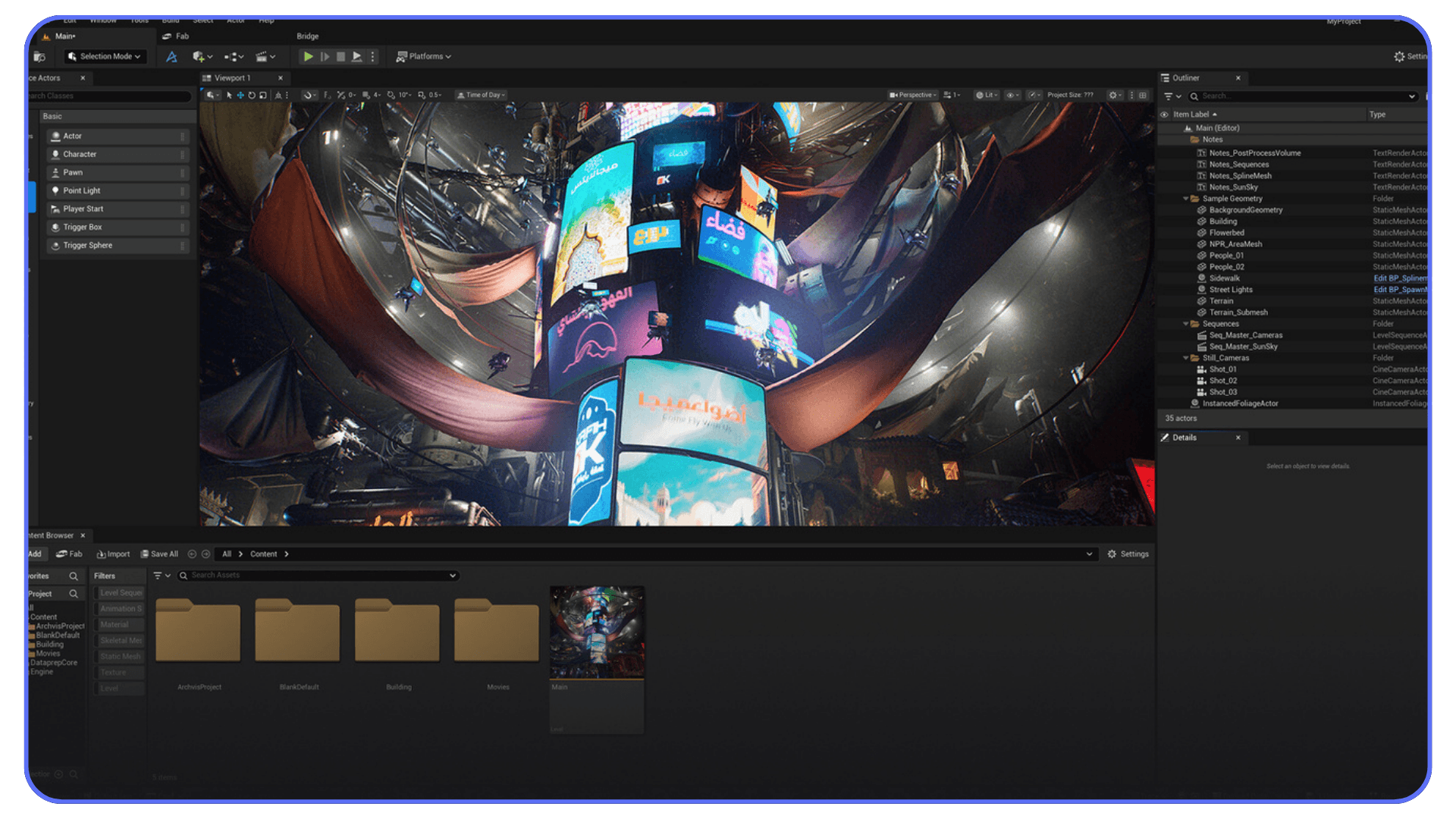 Unreal Engine editor viewport displaying a cyberpunk-style environment with holographic screens and detailed lighting, alongside Content Browser and Outliner panels.