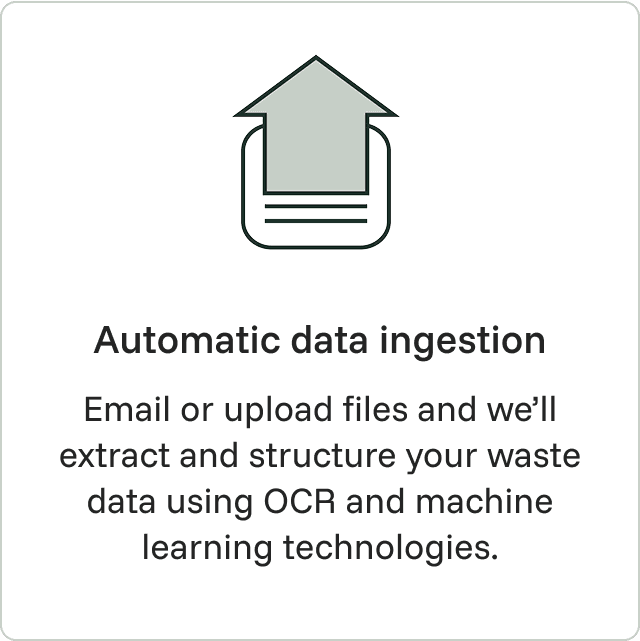 Icon of an upward arrow combined with a document, symbolizing data upload or ingestion, accompanied by text describing automatic data ingestion using Optical Character Recognition (OCR) and machine learning.
