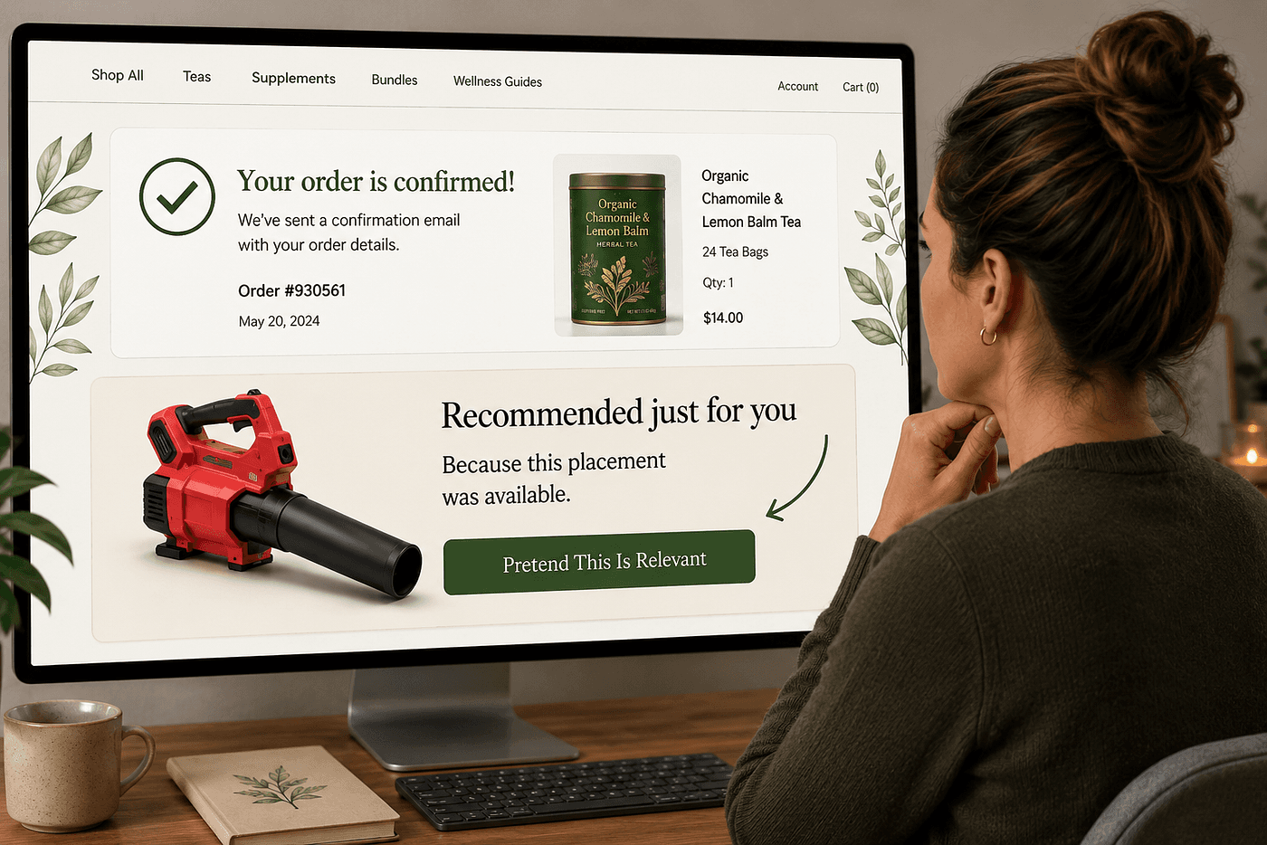 A woman looks at a computer screen showing an order confirmation for chamomile and lemon balm tea. Below it, an unrelated red leaf blower is labeled “Recommended just for you” with the explanation “Because this placement was available” and a button reading “Pretend This Is Relevant.”