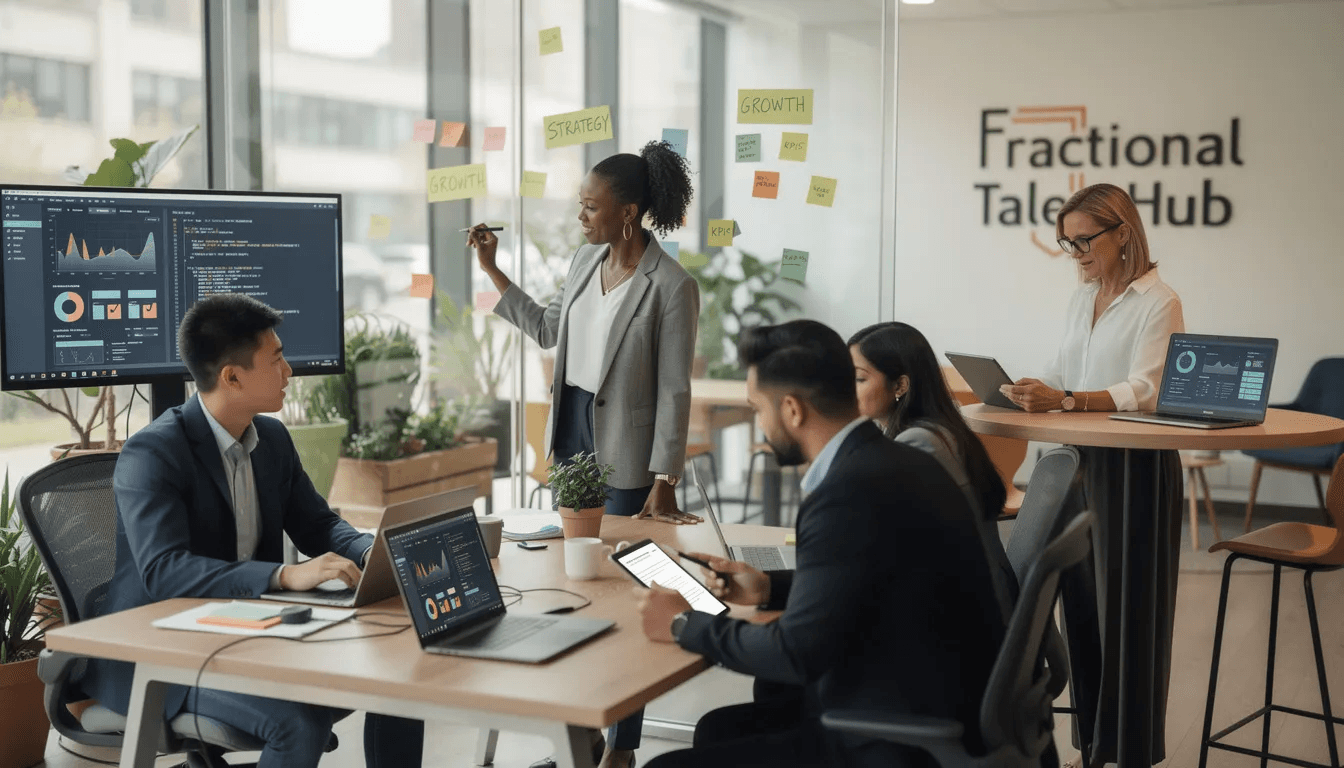 A diverse group of fractional professionals collaborates in a modern co-working space, showcasing their specialized expertise across various fractional roles such as chief financial officer and chief marketing officer. They represent multiple organizations, working on different projects and providing support to multiple clients while maintaining flexibility in their schedules.