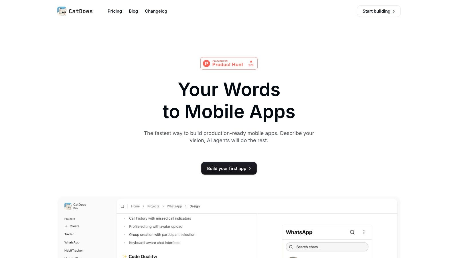 A screenshot of the CatDoes mobile app builder interface showing a preview of a mobile app being created.