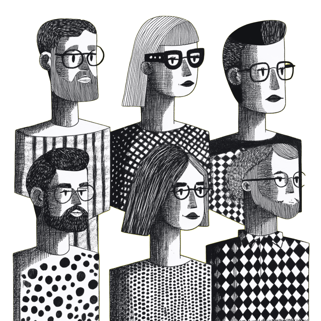 Illustration de six personnes portant des lunettes, en noir et blanc, avec des motifs de vêtements différents.
