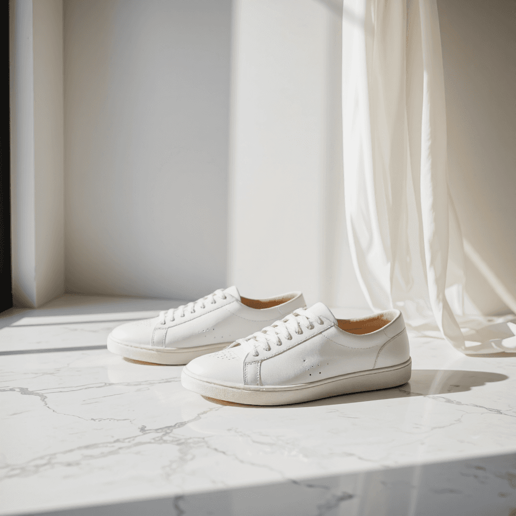 product photography of a pair of white sneakers