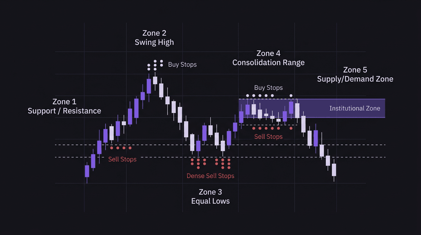 Diagram showing five locations where liquidity hides on a forex chart