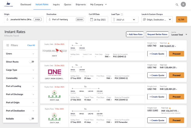THis is an image of the Freightify Rate Management Platform showing different liners' rates including that of Hapag Lloyd, Evergreen line, Safmarine, Maersk line, CMA CGM.