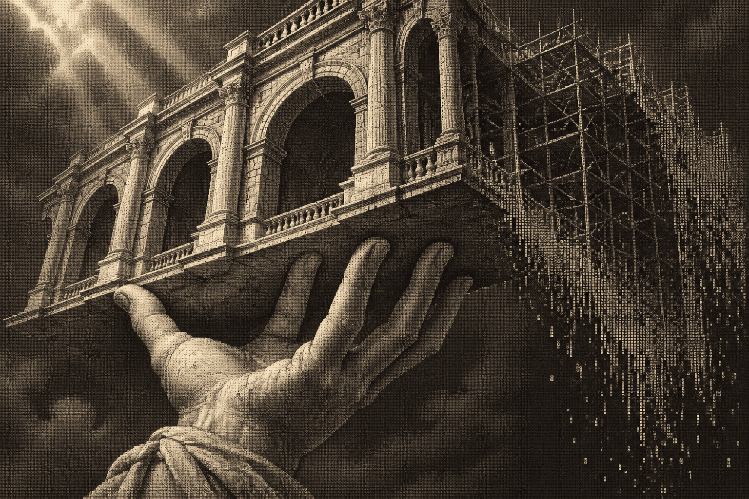 Dithered illustration of a marble hand holding up a classical facade whose back is unfinished scaffolding, with a single pink crack in the keystone.