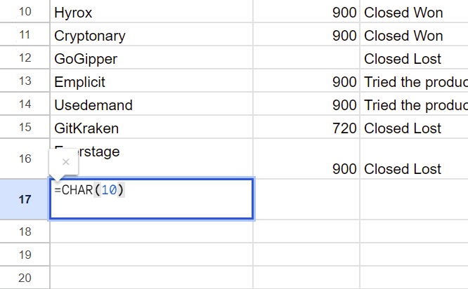 Syntax Input =CHAR(10)