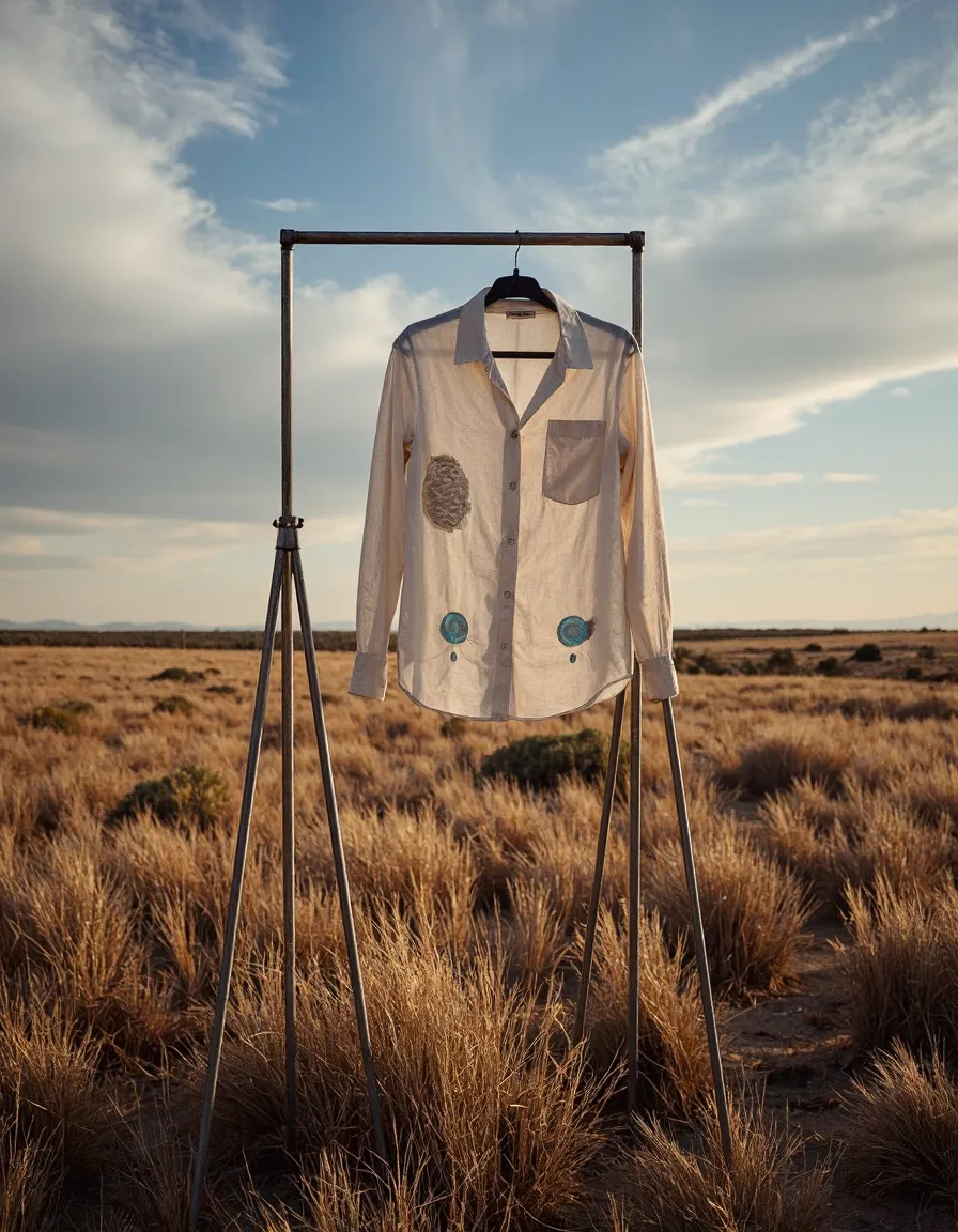 Light-colored shirt with decorative elements hanging on a metal rack in a vast golden prairie landscape under a blue cloudy sky