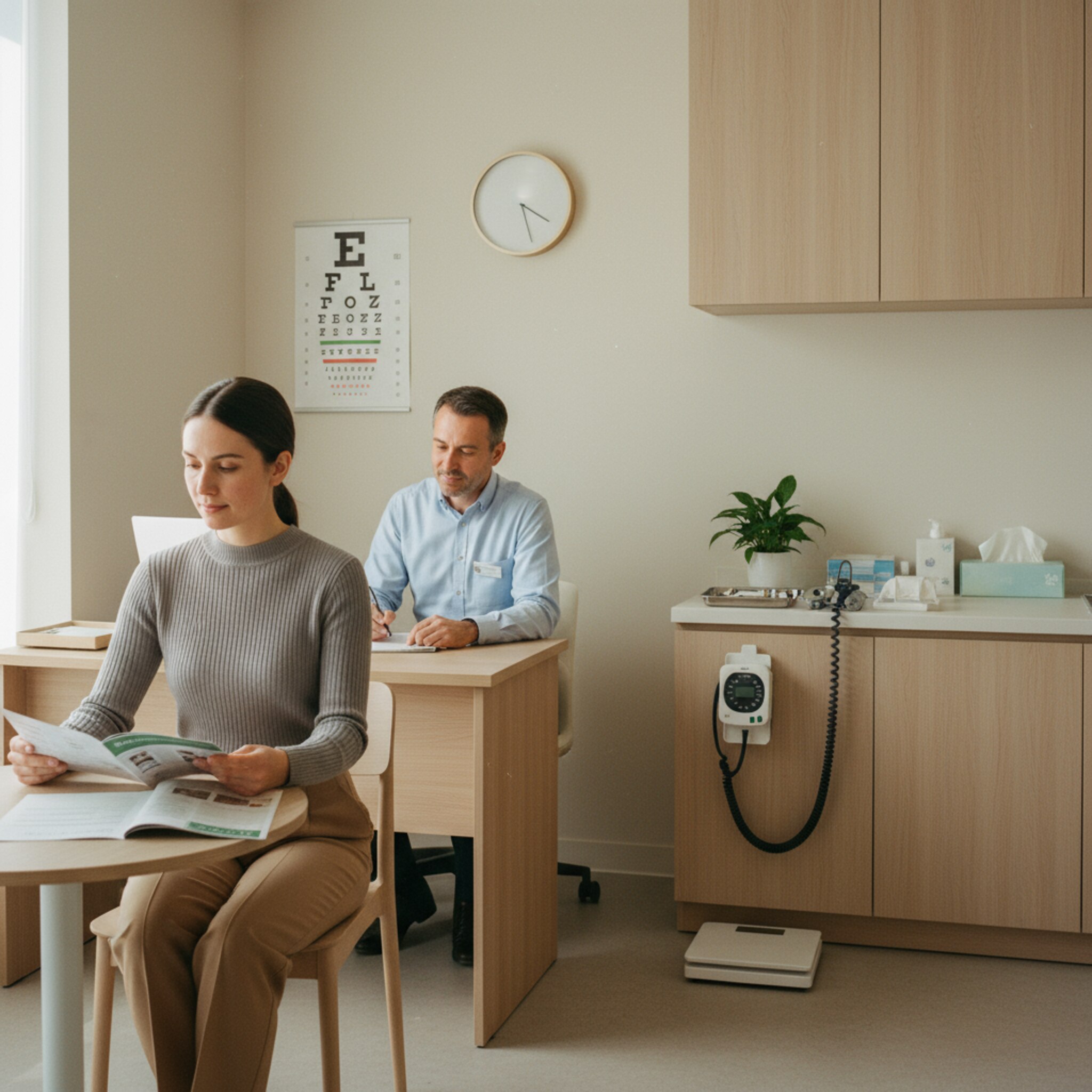 In einem ruhigen Raum liest eine Mitarbeiterin konzentriert eine Aufklärungsbroschüre, während der Betriebsarzt am Schreibtisch Notizen ergänzt. Eine Sehtesttafel hängt an der Wand, nebenan steht ein sauber vorbereiteter Messplatz. Warmes Licht und klare Ordnung schaffen Vertrauen. Die Atmosphäre ist sachlich und zugewandt.