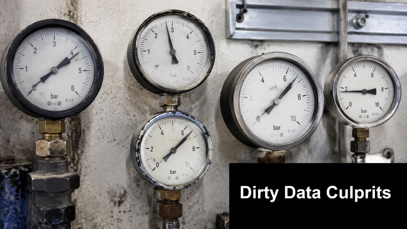 A wall display of multiple circular analog pressure gauges measuring industrial pressure in bar units.