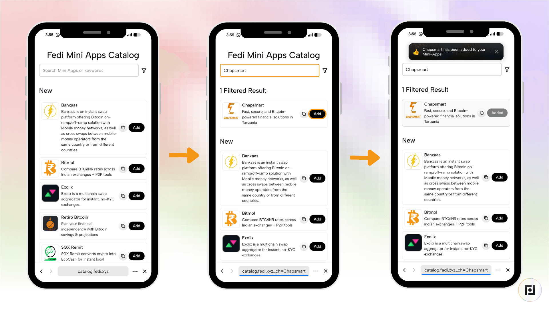 Fedi Mini Apps Catalog search results for ChapSmart, showing the Add button and confirmation that ChapSmart has been added to the user's Mini Apps