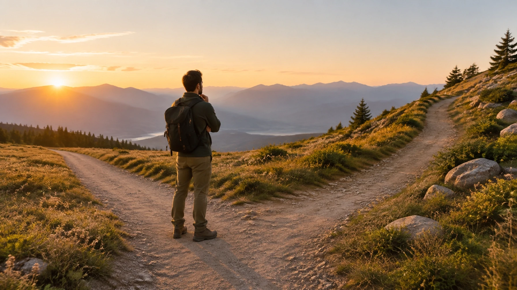 A thoughtful man standing at a fork in a mountain trail at sunrise