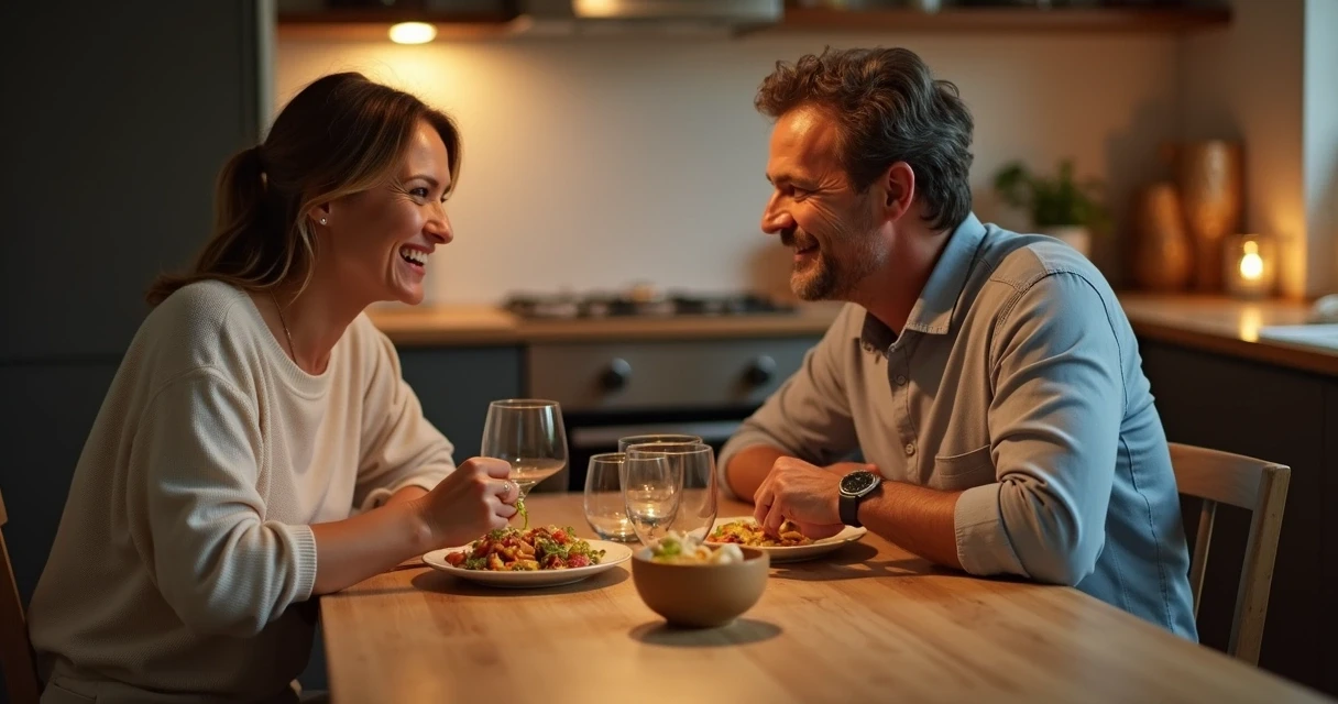Casal jantando juntos à mesa de madeira com expressão tranquila