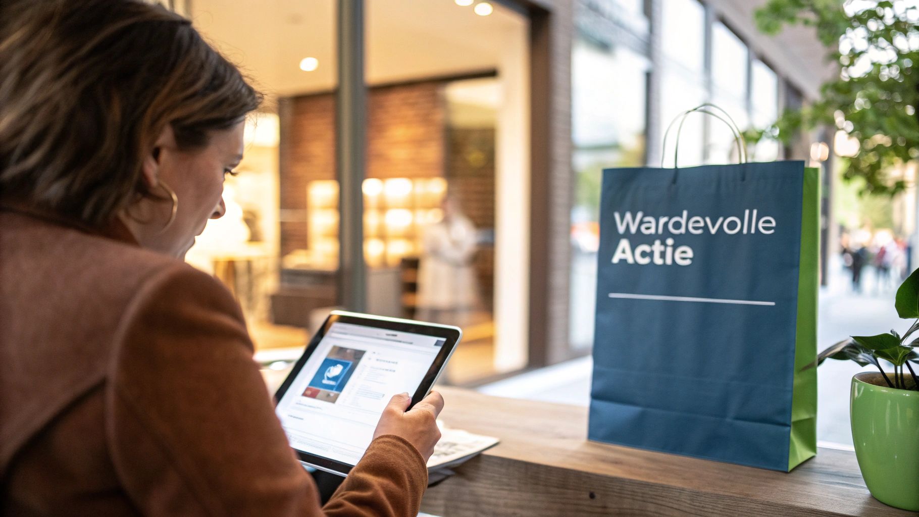 Vrouw gebruikt tablet voor online winkelen naast Wardevolle Actie tasje in winkelcentrum