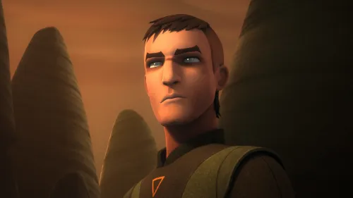 Kanan Jarrus, blind, scarred, and with short hair with hills in the background